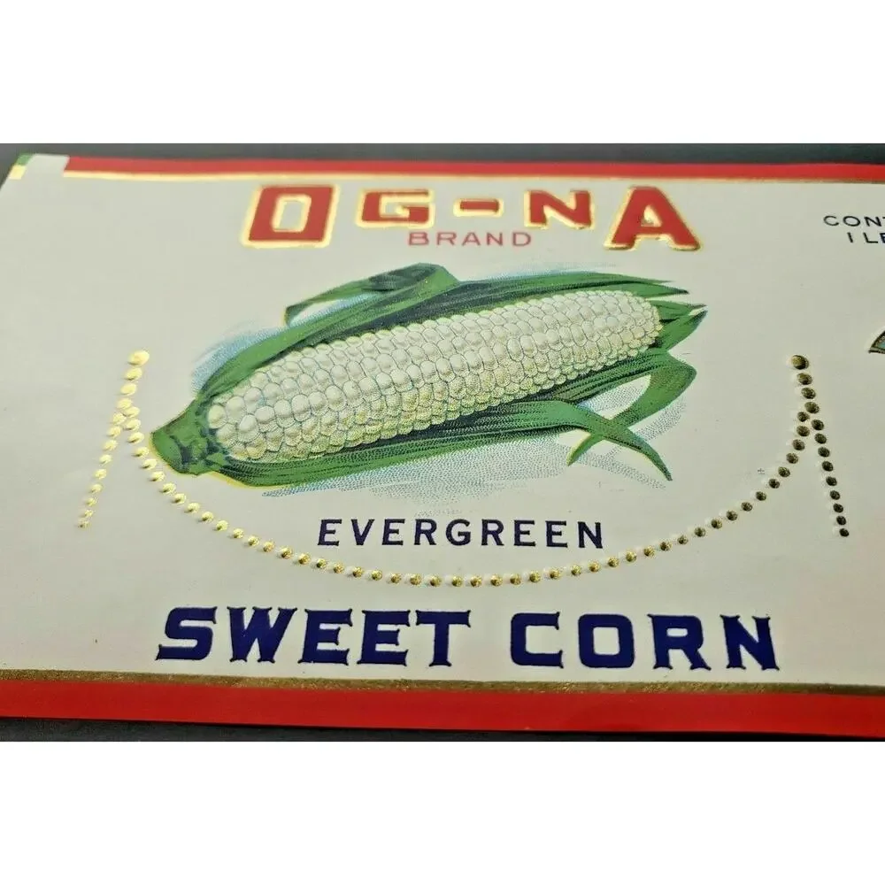 Vintage OG-NA Brand Sweet Corn Beans E.H. Rowley‎ Fabius, NY 1940s Can Label Z2